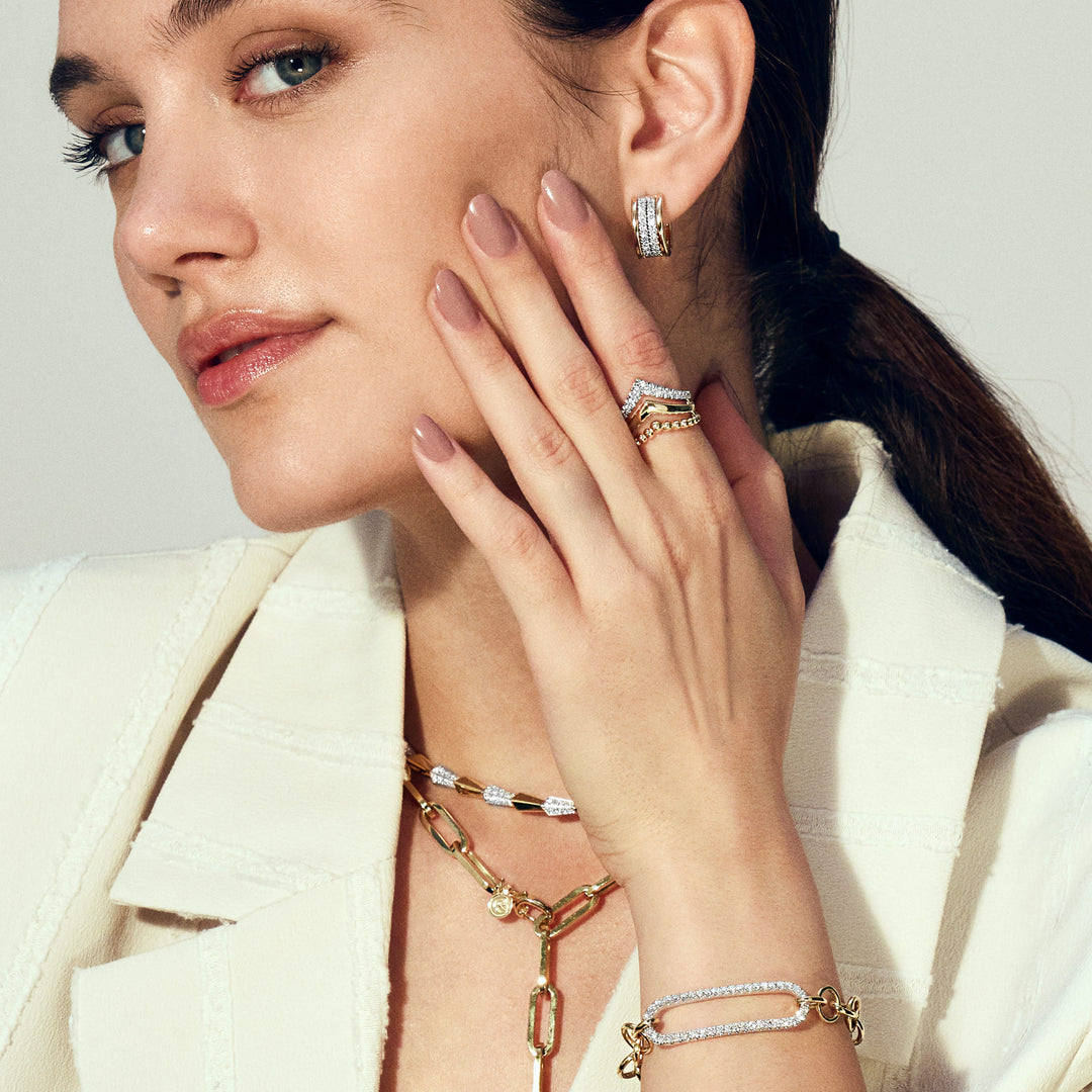 Gabriel & Co. 14K Yellow Gold Bujukan Punk Triple Row Chevron Diamond Ring — shown on a model; other jewellery sold separately — LR52348Y45JJ