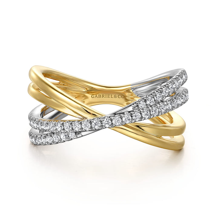 Gabriel & Co. 14K White and Yellow Gold Diamond Wide Band Criss Cross Ring — front view — LR52583M45JJ