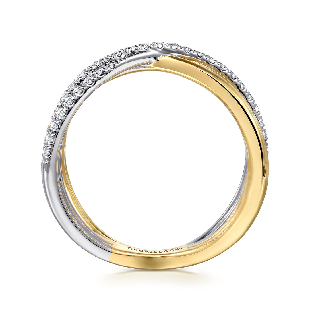 Gabriel & Co. 14K White and Yellow Gold Diamond Wide Band Criss Cross Ring — profile view — LR52583M45JJ