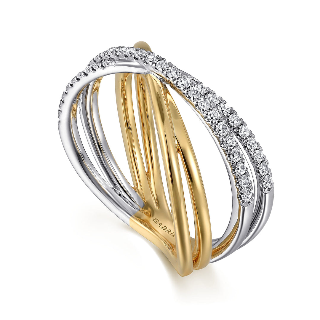Gabriel & Co. 14K White and Yellow Gold Diamond Wide Band Criss Cross Ring — angled view — LR52583M45JJ