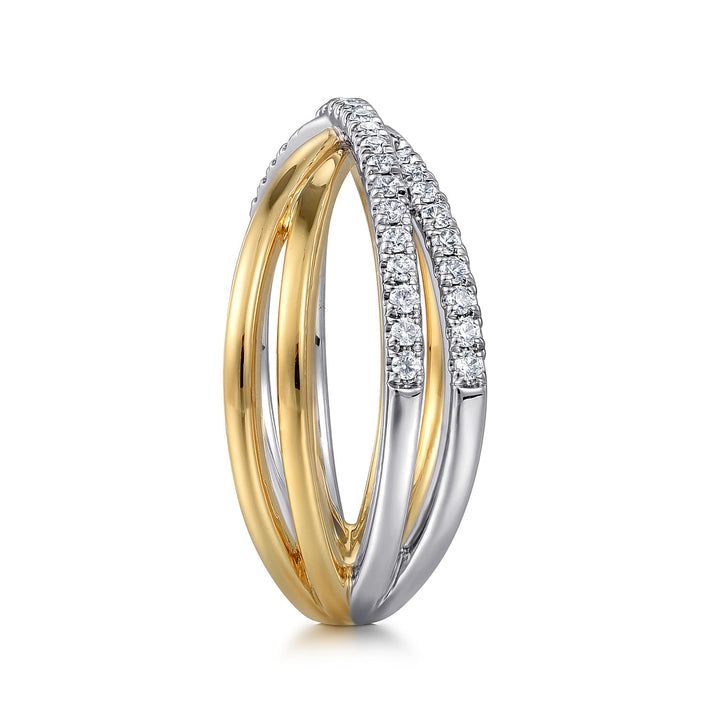 Gabriel & Co. 14K White and Yellow Gold Diamond Wide Band Criss Cross Ring — side detail — LR52583M45JJ
