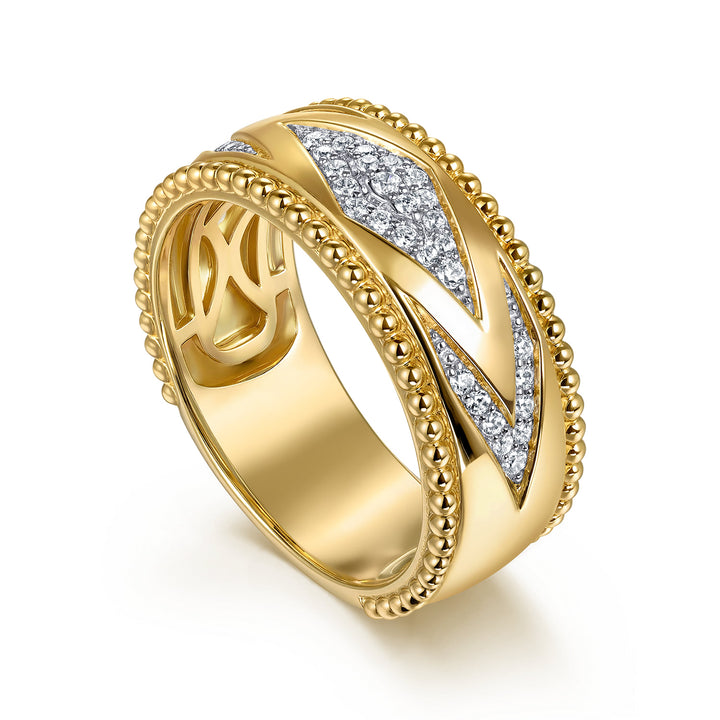 Gabriel & Co. 14K Yellow Gold Bujukan Diamond Chevron Wide Band Ring — angled view — LR52728Y45JJ