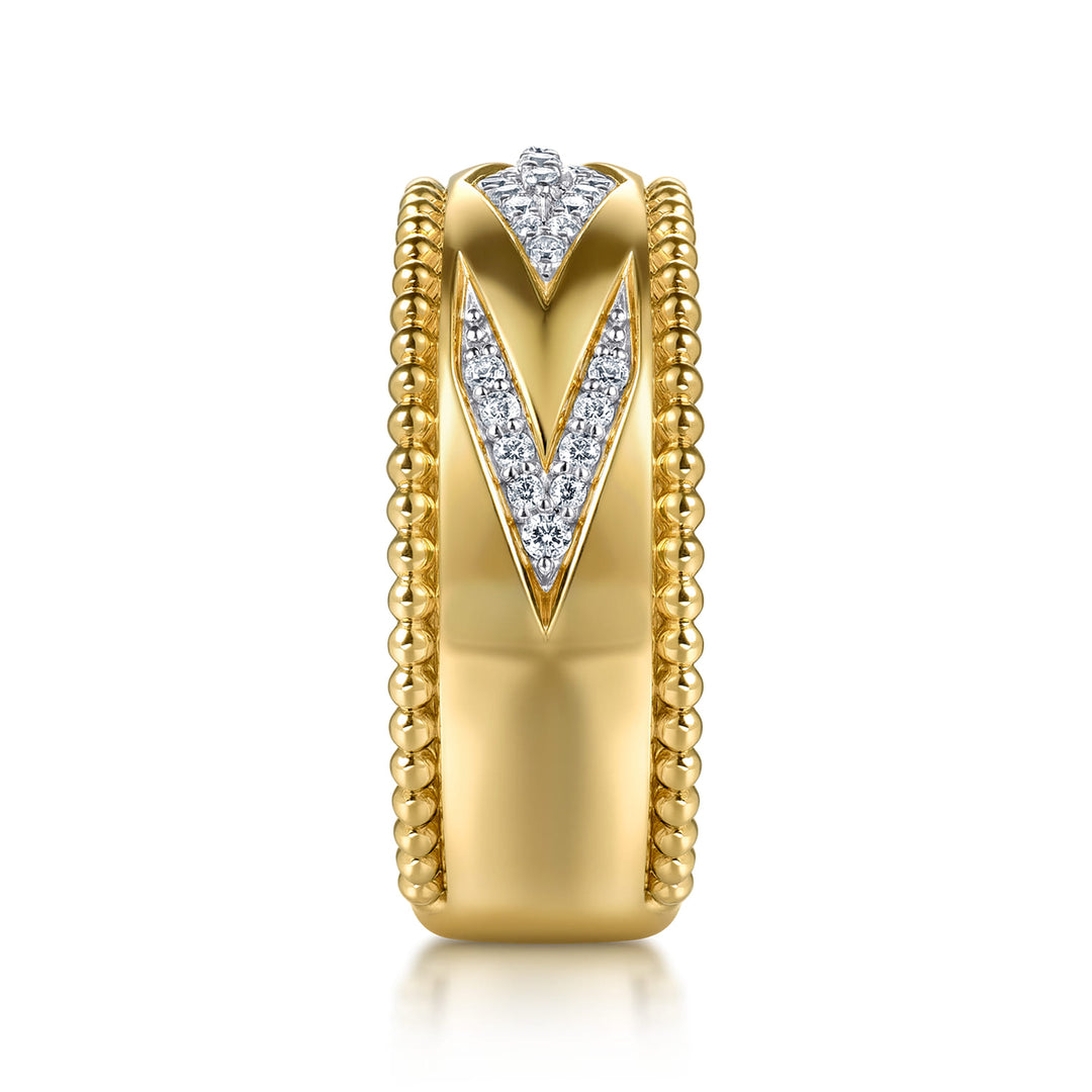 Gabriel & Co. 14K Yellow Gold Bujukan Diamond Chevron Wide Band Ring — side detail — LR52728Y45JJ
