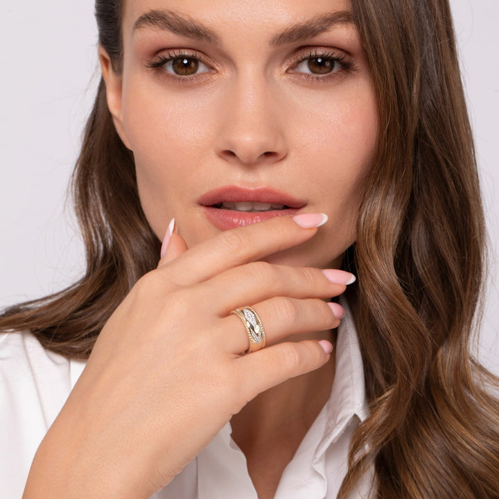 Gabriel & Co. 14K Yellow Gold Bujukan Diamond Chevron Wide Band Ring — shown on a model; other jewellery sold separately — LR52728Y45JJ