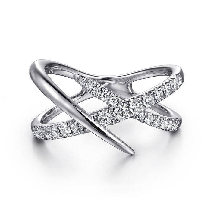 Gabriel & Co. 14K White Gold Graduating Diamond Spike Criss Cross Ring — front view — LR52790W45JJ