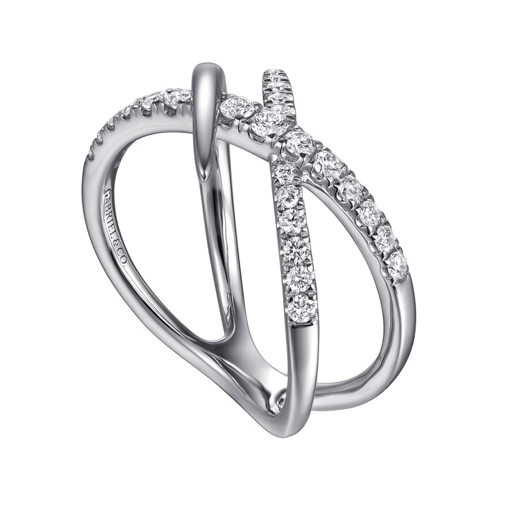 Gabriel & Co. 14K White Gold Graduating Diamond Spike Criss Cross Ring — angled view — LR52790W45JJ