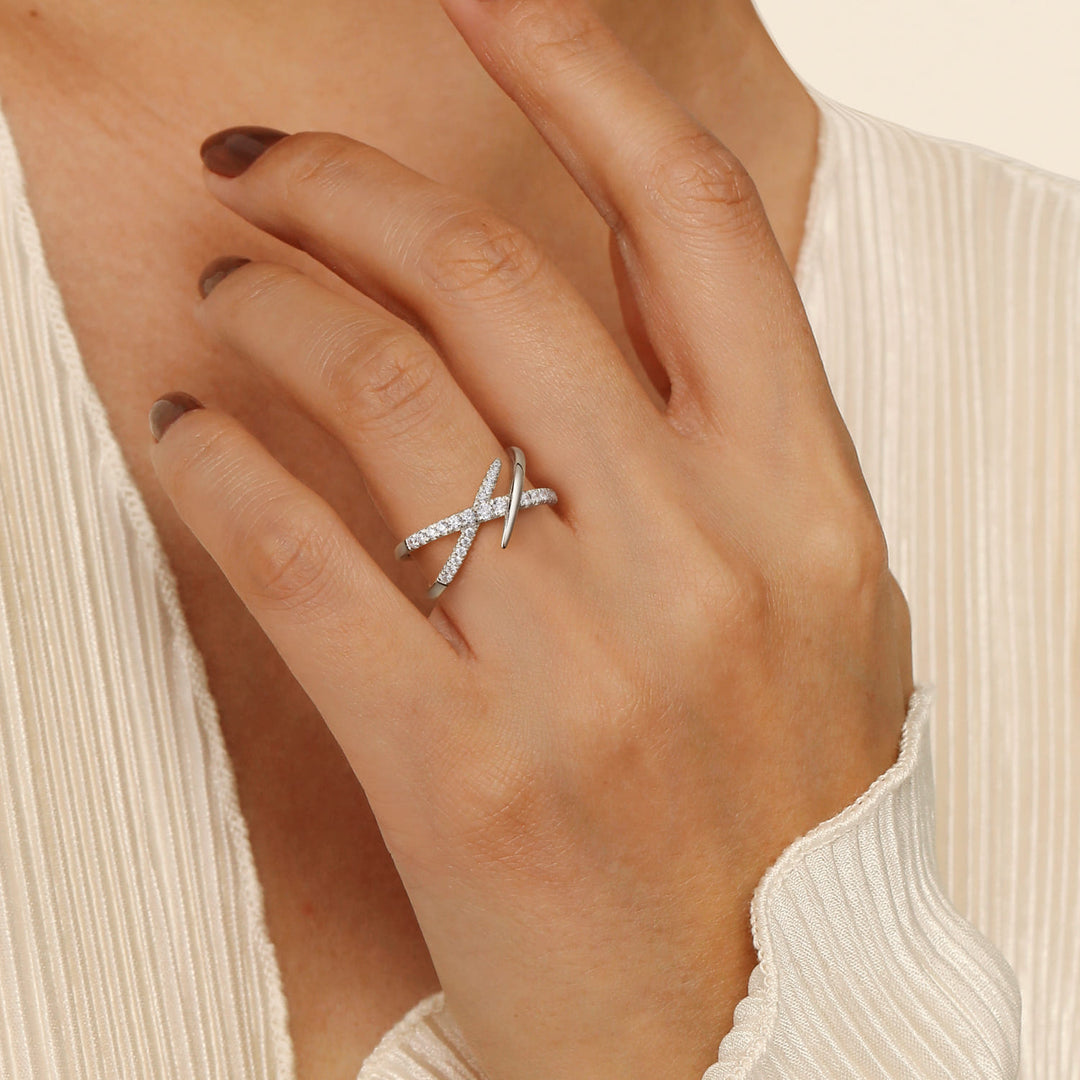 Gabriel & Co. 14K White Gold Graduating Diamond Spike Criss Cross Ring — shown on a model; other jewellery sold separately — LR52790W45JJ