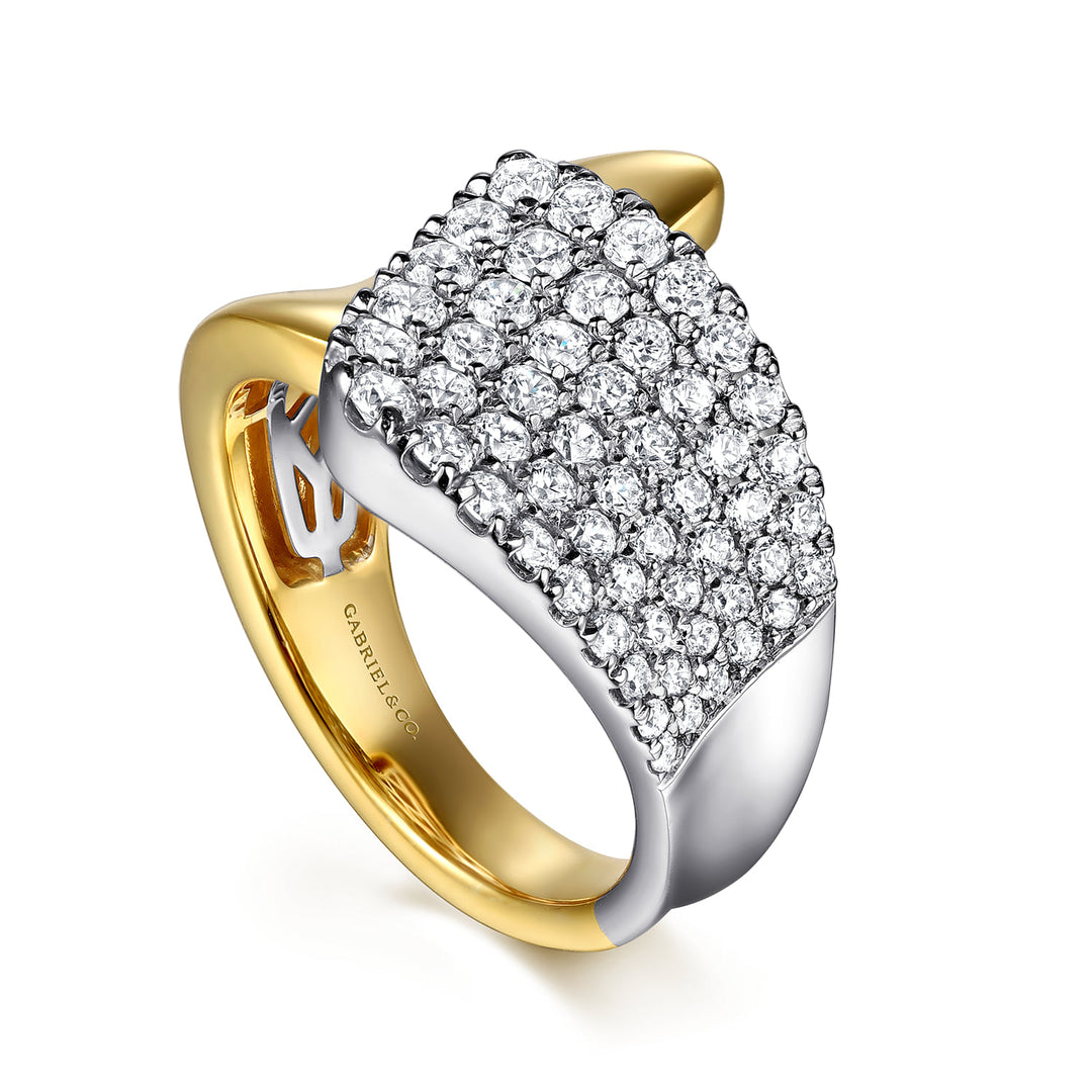 Gabriel & Co. 14K White and Yellow Gold Graduating Diamond Bypass Ring — angled view — LR52801M45JJ