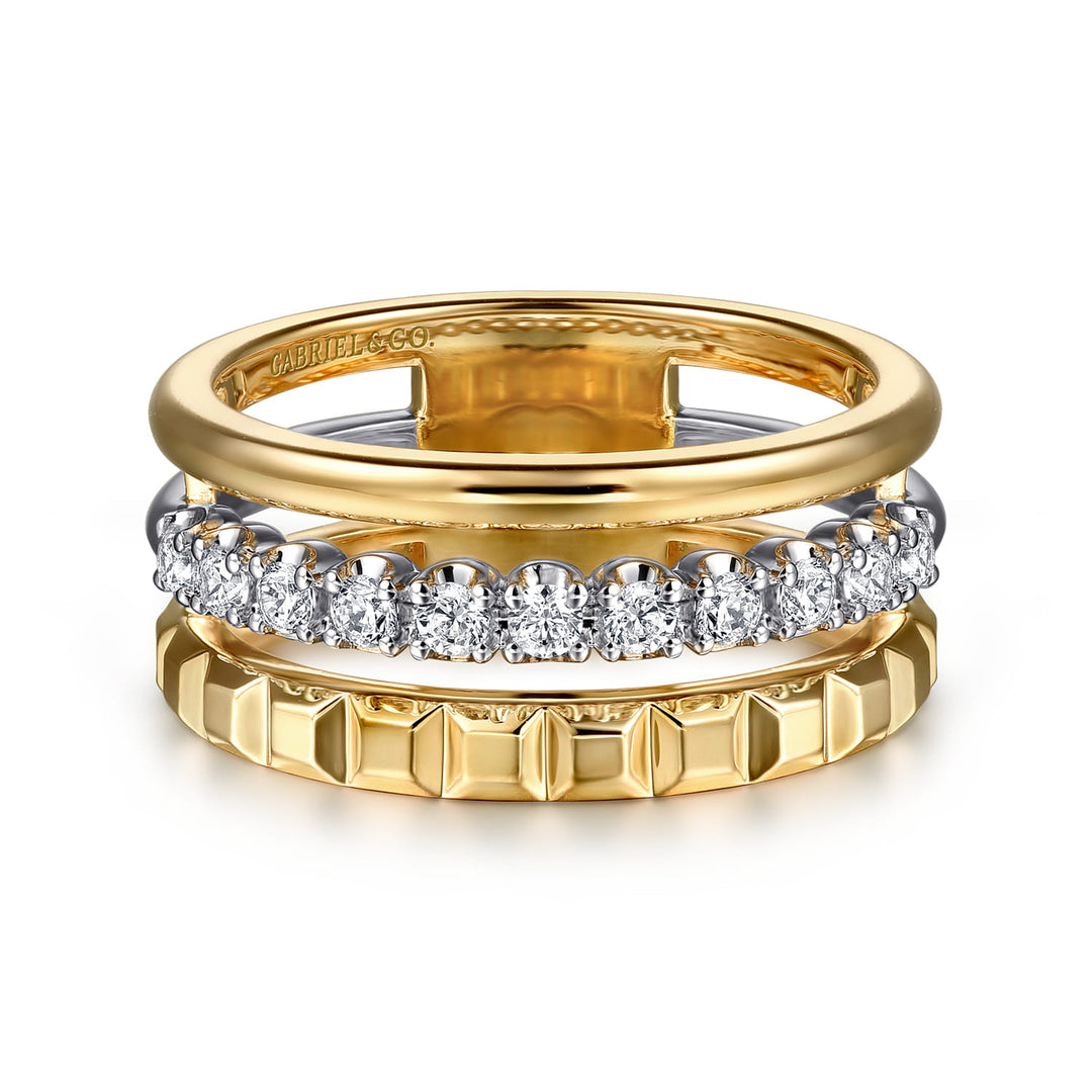 Gabriel & Co. 14K White and Yellow Gold Diamond Wide Band Stackable Ring — front view — LR52813M45JJ