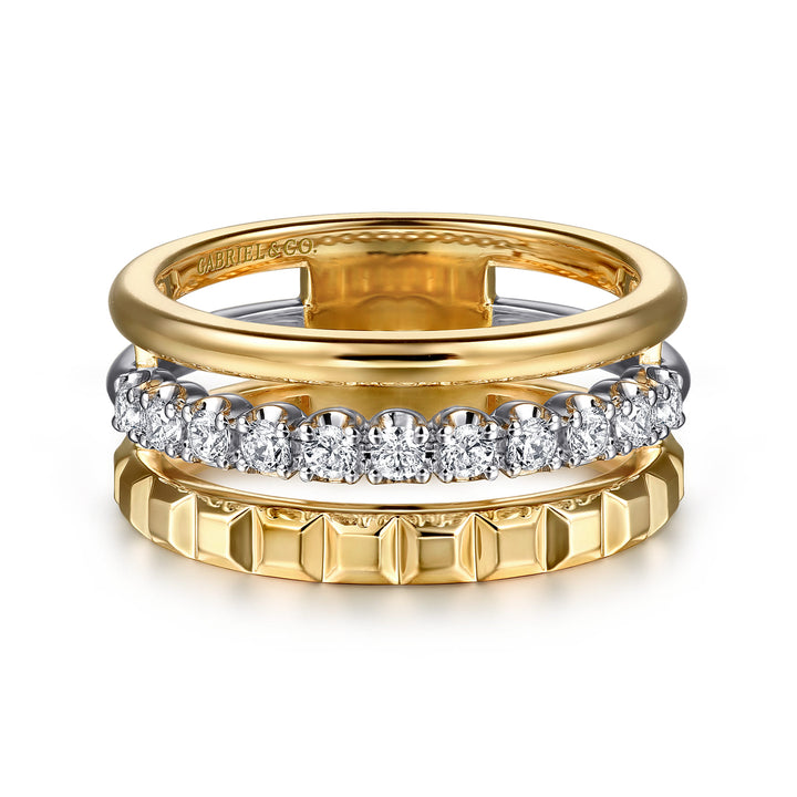 Gabriel & Co. 14K White and Yellow Gold Diamond Wide Band Stackable Ring — front view — LR52813M45JJ