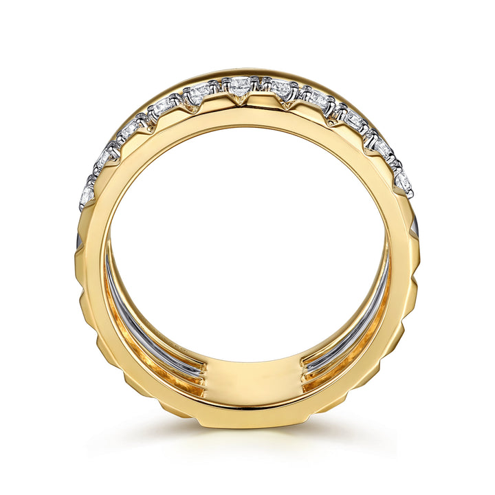 Gabriel & Co. 14K White and Yellow Gold Diamond Wide Band Stackable Ring — profile view — LR52813M45JJ