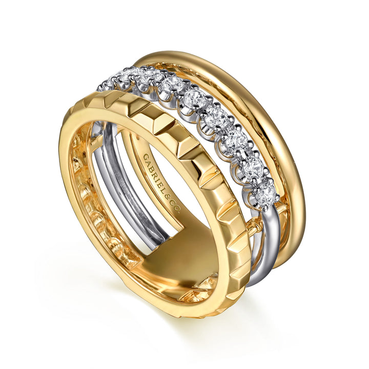 Gabriel & Co. 14K White and Yellow Gold Diamond Wide Band Stackable Ring — angled view — LR52813M45JJ
