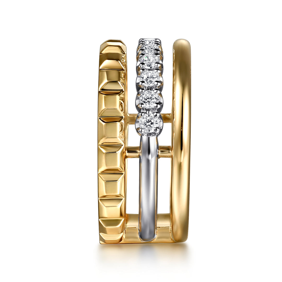 Gabriel & Co. 14K White and Yellow Gold Diamond Wide Band Stackable Ring — side detail — LR52813M45JJ