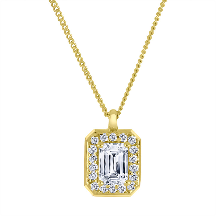 0.32 TCW Emerald-Cut Lab Diamond Halo Necklace in 10K Yellow Gold