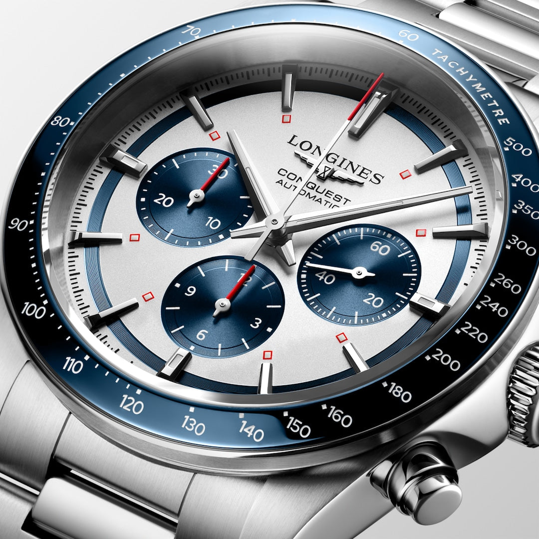 Longines Conquest Chronograph 42 mm L3.835.4.98.6 dial detail