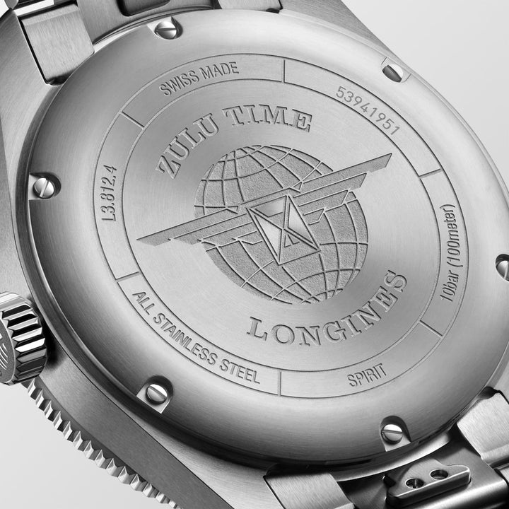 Longines Spirit Zulu Time GMT 42 mm L3.812.4.60.6 solid case back detail 2