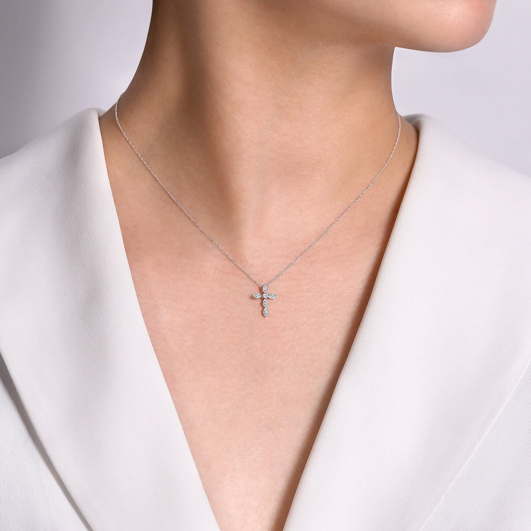 Gabriel & Co. 14K White Gold Marquise Shaped Diamond Cross Necklace — shown on a model; other jewellery sold separately — NK2210W45JJ