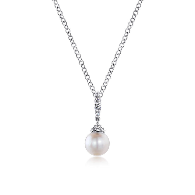 Gabriel & Co. 14K White Gold Cultured Pearl and Diamond Drop Pendant Necklace