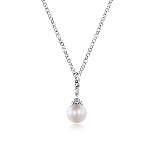 Gabriel & Co. 14K White Gold Cultured Pearl and Diamond Drop Pendant Necklace NK4499W45PL