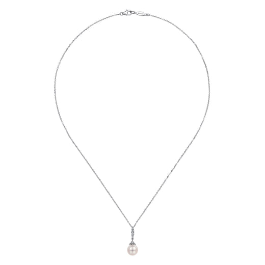 Gabriel & Co. 14K White Gold Cultured Pearl and Diamond Drop Pendant Necklace NK4499W45PL