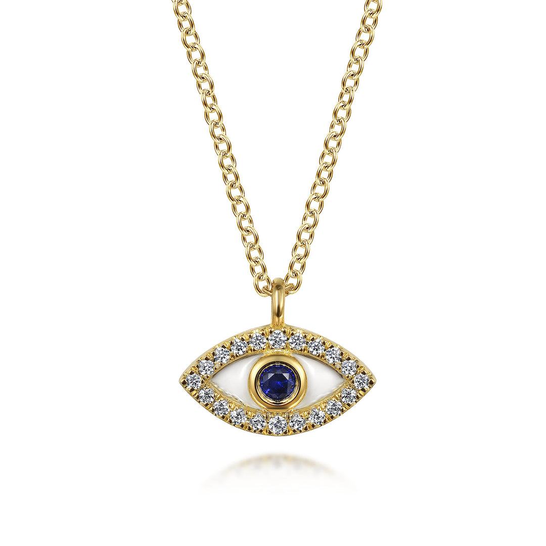Gabriel & Co. 14K Yellow Gold Diamond and Blue Sapphire Evil Eye Necklace with White Enamel — product view 1 — NK7438E9Y45SA