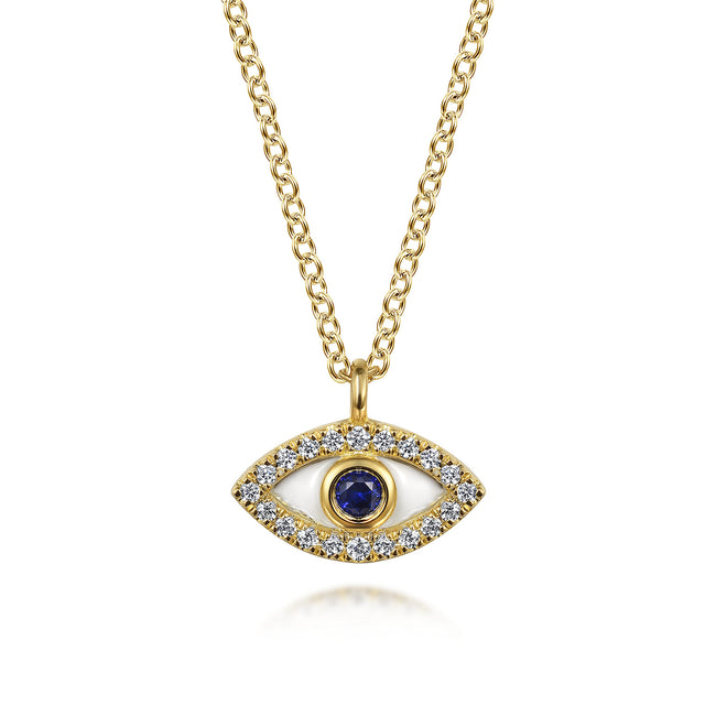 Gabriel & Co. 14K Yellow Gold Diamond and Blue Sapphire Evil Eye Necklace with White Enamel