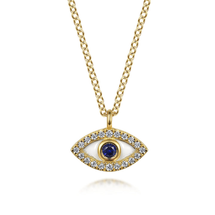 Gabriel & Co. 14K Yellow Gold Diamond and Blue Sapphire Evil Eye Necklace with White Enamel — product view 1 — NK7438E9Y45SA