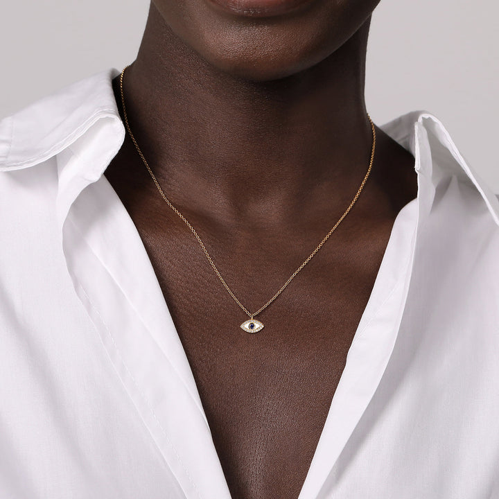 Gabriel & Co. 14K Yellow Gold Diamond and Blue Sapphire Evil Eye Necklace with White Enamel — shown on a model; other jewellery sold separately — NK7438E9Y45SA