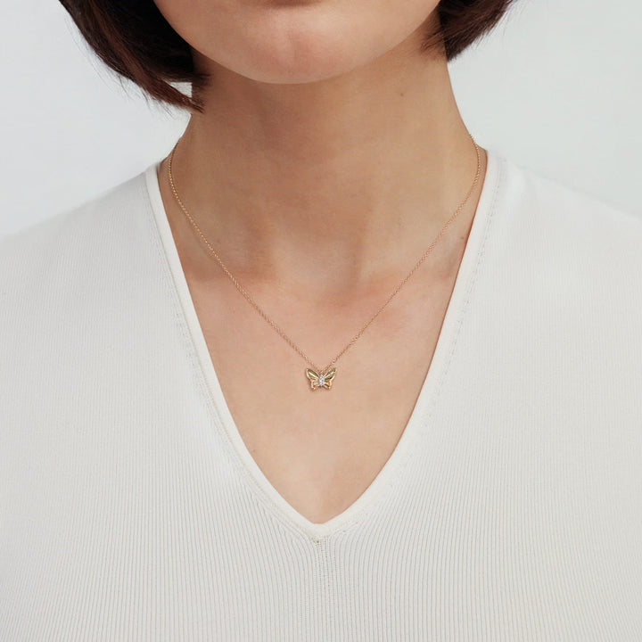 Gabriel & Co. 14K Yellow Gold Diamond Butterfly Necklace — shown on a model; other jewellery sold separately — NK7664Y45JJ