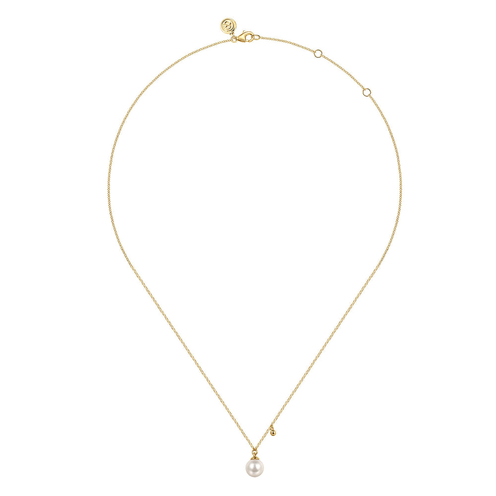Gabriel & Co. 14K Yellow Gold Pearl Drop Pendant Necklace — full necklace view — NK7669Y4JPL