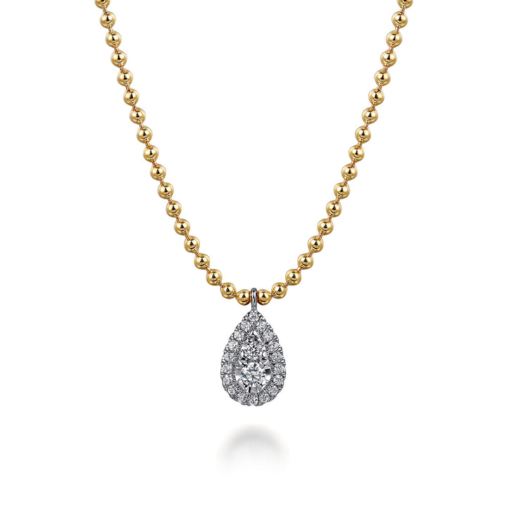 Gabriel & Co. 14K White and Yellow Gold Bujukan Diamond Teardrop Pendant Necklace — pendant detail — NK7803M45JJ