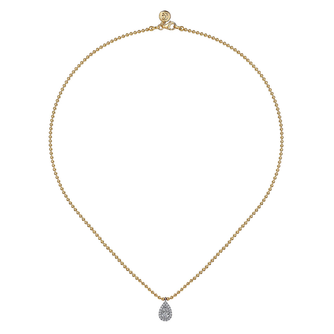 Gabriel & Co. 14K White and Yellow Gold Bujukan Diamond Teardrop Pendant Necklace — full necklace view — NK7803M45JJ