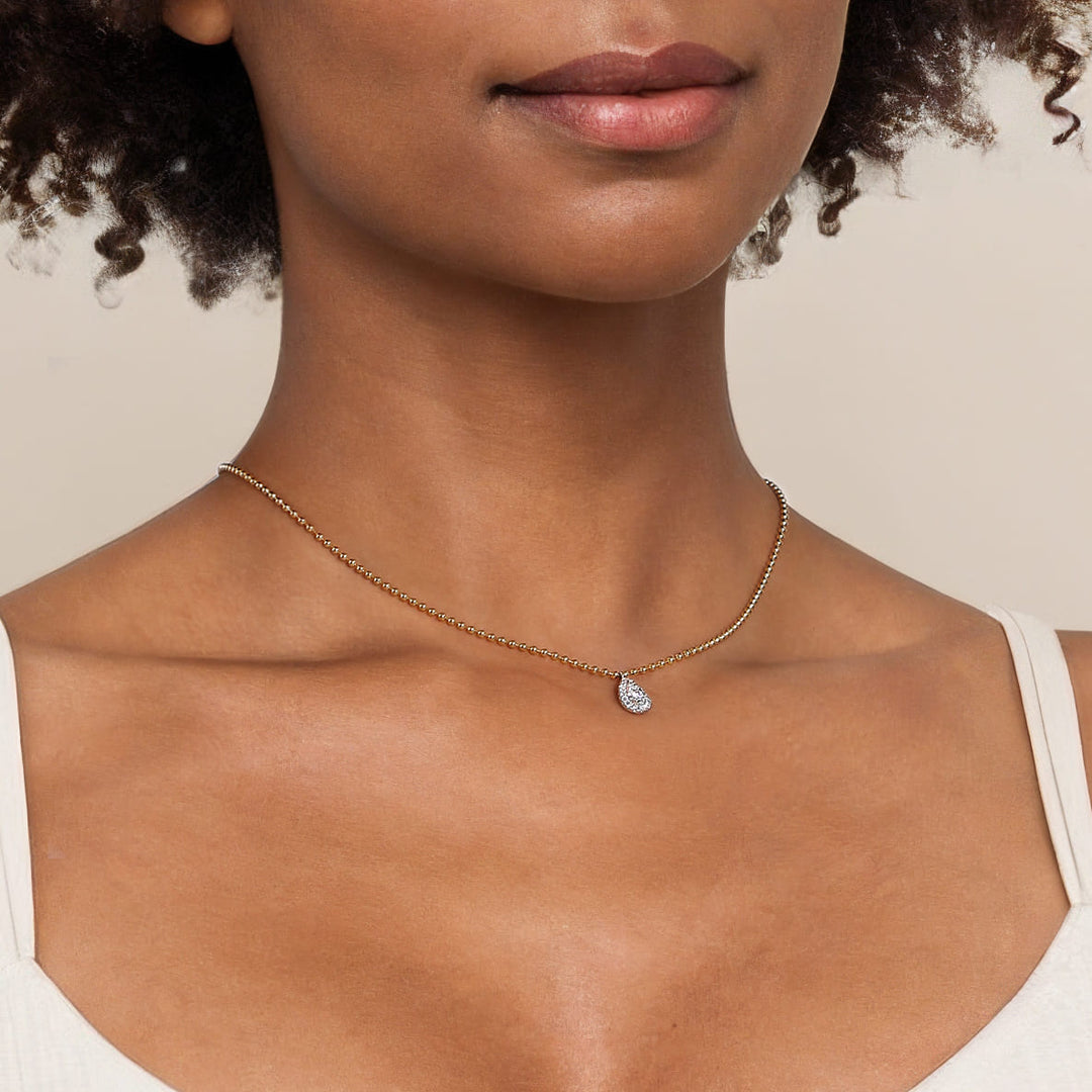 Gabriel & Co. 14K White and Yellow Gold Bujukan Diamond Teardrop Pendant Necklace — shown on a model; other jewellery sold separately — NK7803M45JJ