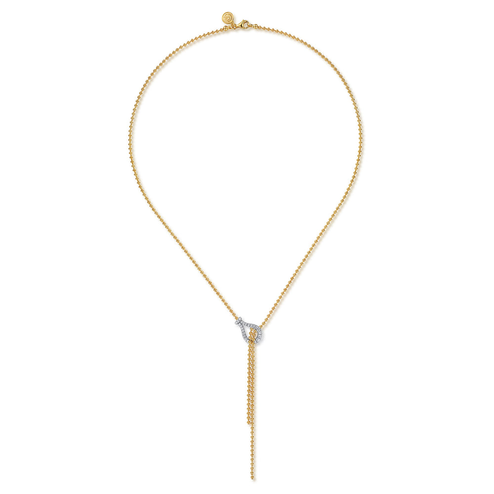 Gabriel & Co. 14K White and Yellow Gold Strides - Bujukan and Diamond Stirrup Y Necklace — full necklace view — NK7986M45JJ