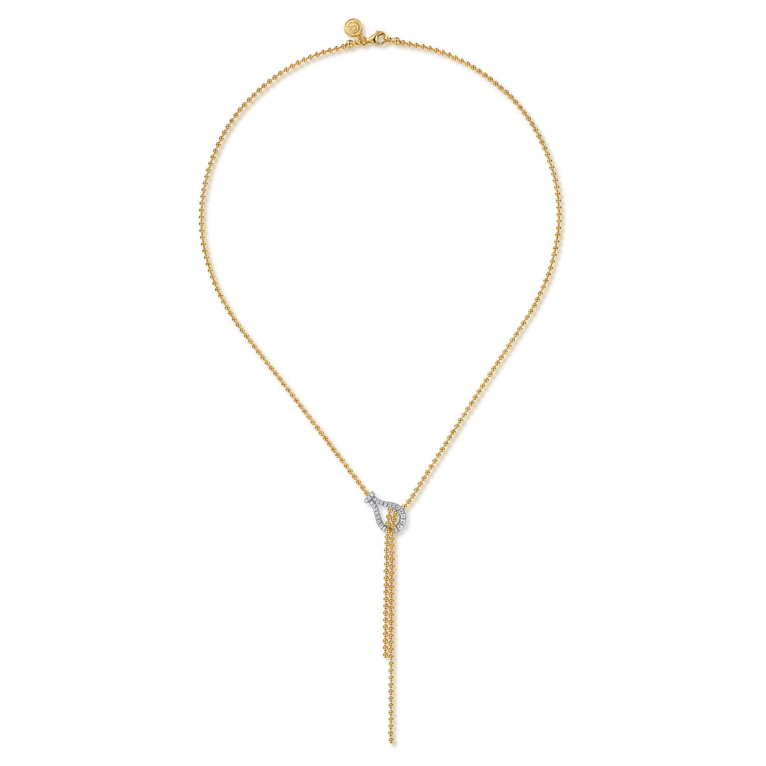 Gabriel & Co. 14K White and Yellow Gold Strides - Bujukan and Diamond Stirrup Y Necklace — full necklace view — NK7986M45JJ