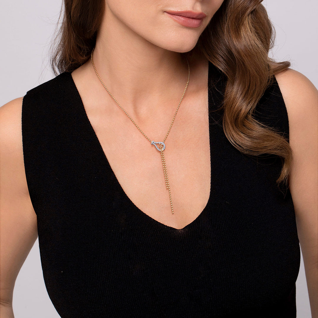 Gabriel & Co. 14K White and Yellow Gold Strides - Bujukan and Diamond Stirrup Y Necklace — shown on a model; other jewellery sold separately — NK7986M45JJ
