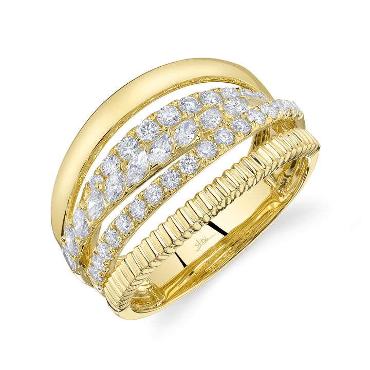 Shy Creation 0.79Ct 14K Yellow Gold Diamond Marquise Ribbed Ring SC22009929