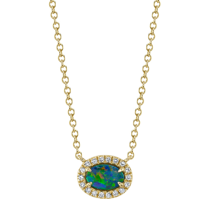 Shy Creation 14K Yellow Gold 0.05 TCW Diamond & 0.33 TCW Opal East-West Necklace SC55022506
