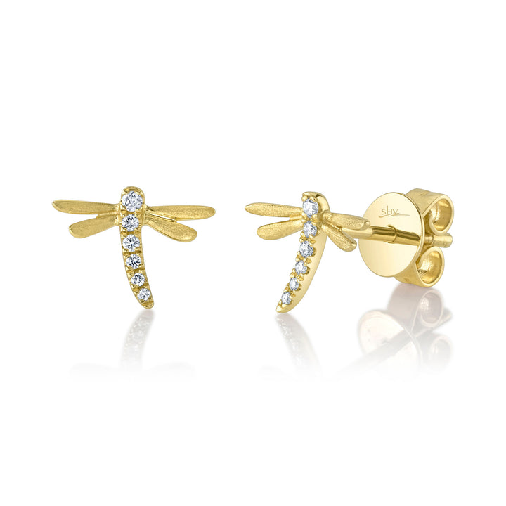 0.05 ct Diamond Dragonfly Matte Earrings in 14K Yellow Gold