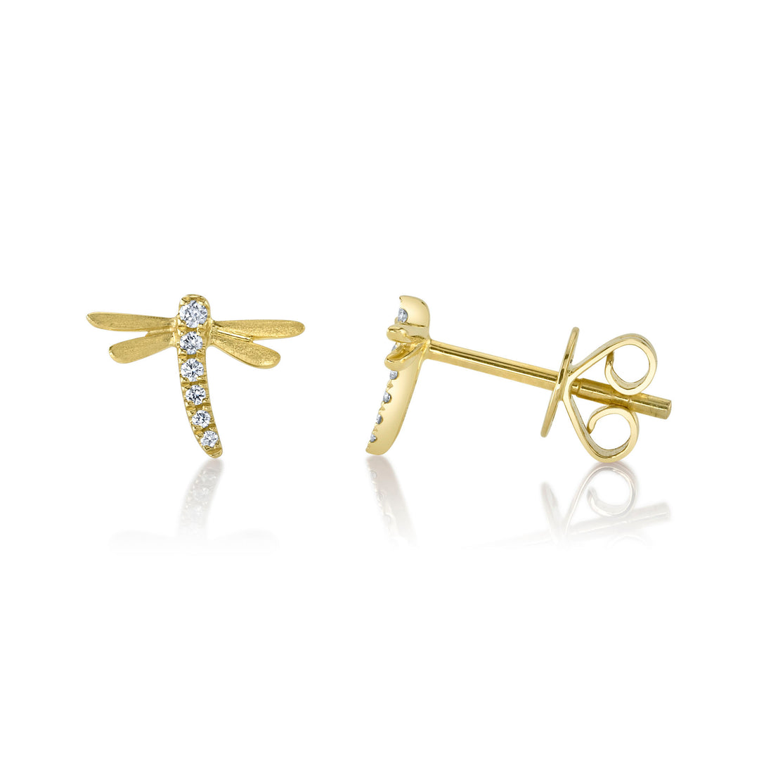 Shy Creation 0.05Ct 14K Yellow Gold Diamond Dragonfly Matte Earring SC55025134