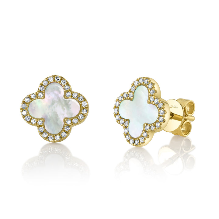Shy Creation 0.15Ct Diamond & 0.81Ct Mother Of Pearl 14K Yellow Gold Clover Earring SC55025137