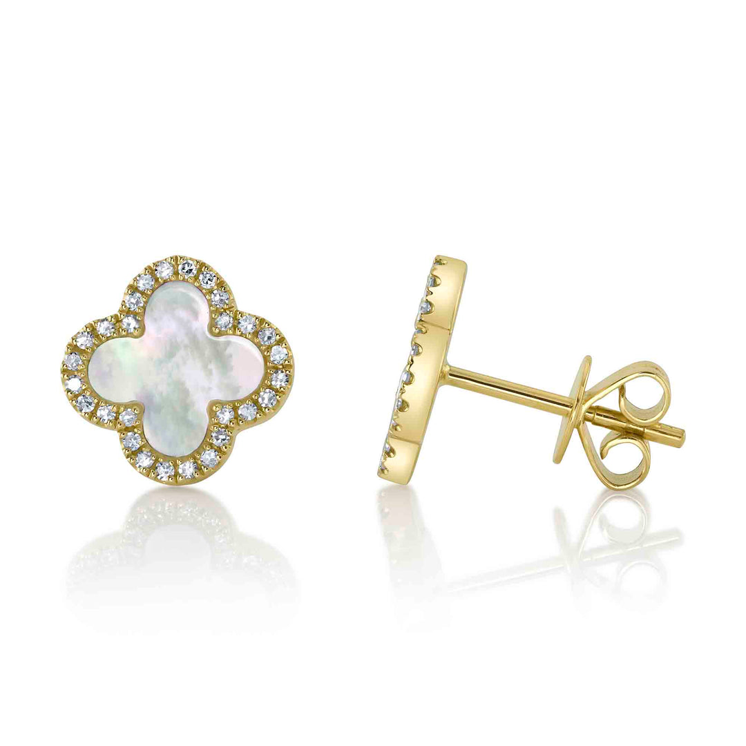 Shy Creation 0.15Ct Diamond & 0.81Ct Mother Of Pearl 14K Yellow Gold Clover Earring SC55025137