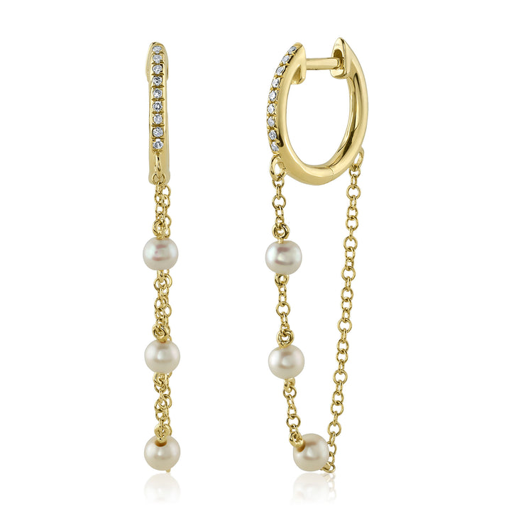 Shy Creation 0.05Ct 14K Yellow Gold Diamond & Cultured Pearl Huggie Earring SC55025194