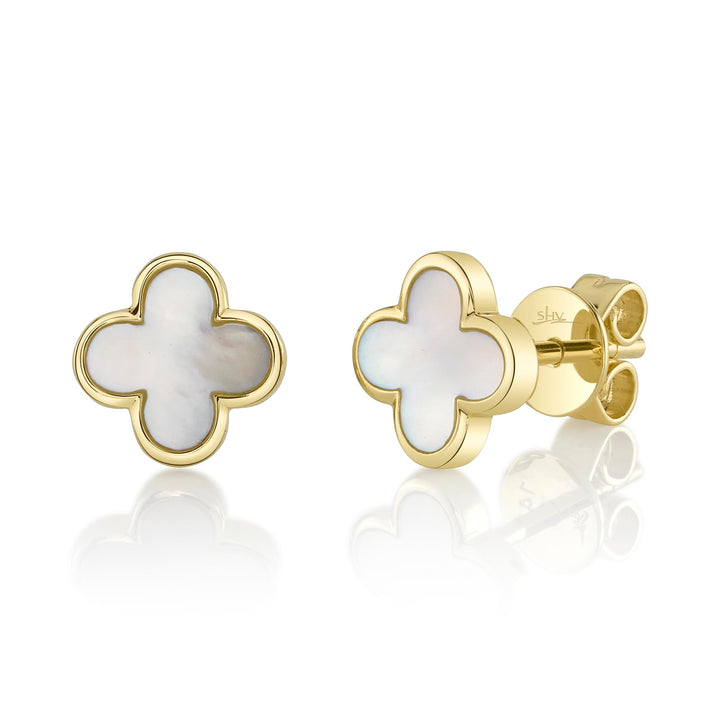 Shy Creation 0.59Ct 14K Yellow Gold Mother Of Pearl Clover Stud Earring SC55025603V2