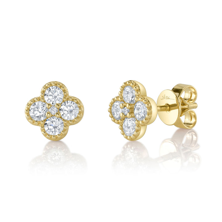 Shy Creation 0.66Ct 14K Yellow Gold Diamond Clover Stud Earring SC55025665