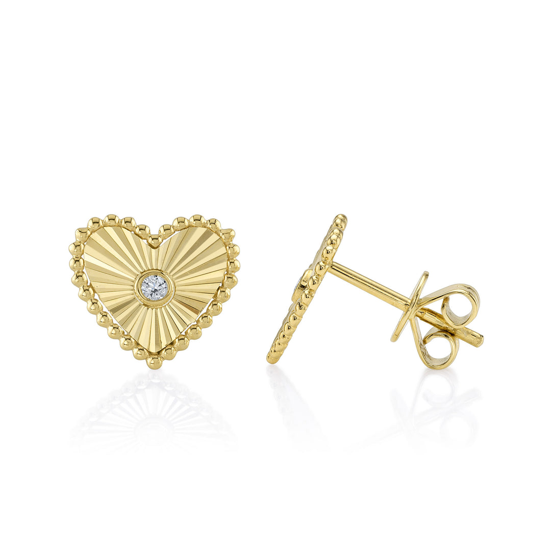 Shy Creation 0.04Ct 14K Yellow Gold Diamond Bezel Ribbed Heart Stud Earring SC55026093