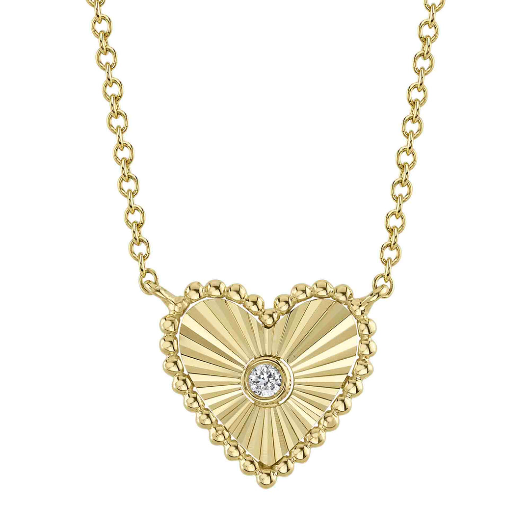 Shy Creation 0.02Ct 14K Yellow Gold Diamond Bezel Ribbed Heart Necklace SC55026096