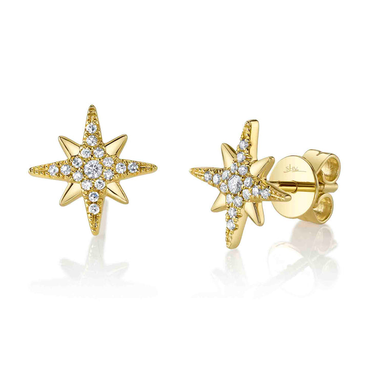 Shy Creation 0.12Ct 14K Yellow Gold Diamond North Star Stud Earring SC55026496
