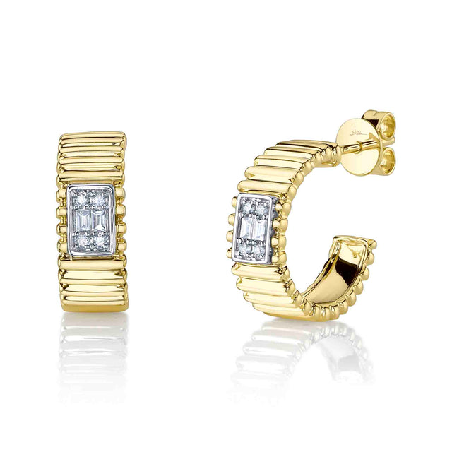 Shy Creation 0.14 ct Diamond Baguette Ribbed Hoop Earrings in 14K Two-Tone Yellow Gold