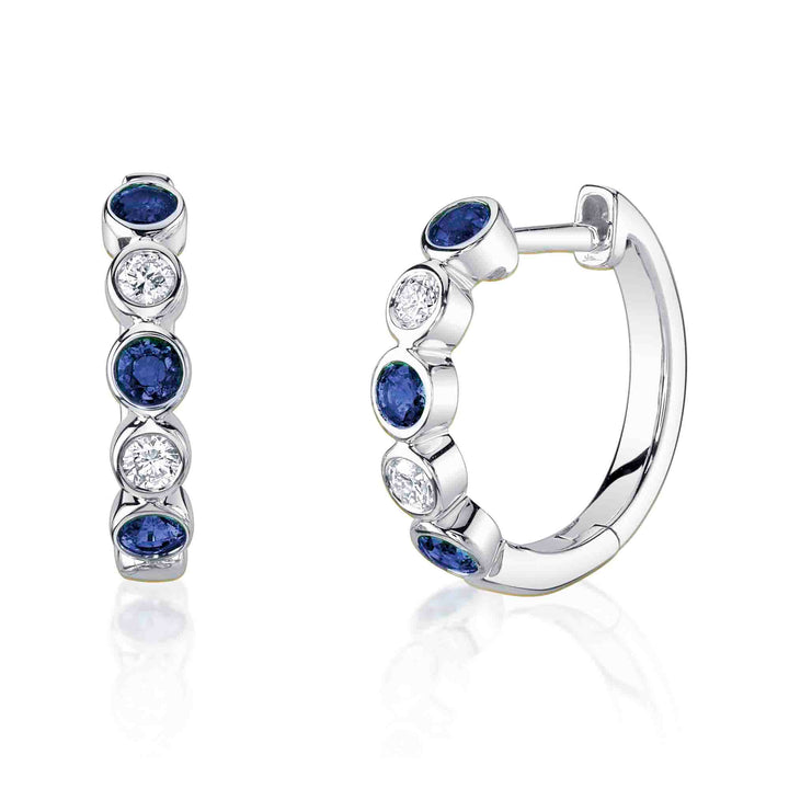 Shy Creation 14K Gold Round Sapphire Diamond Bezel Huggie Earrings SC55026663